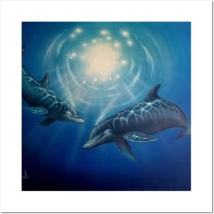 Dolphins playing underwater Posters and Art